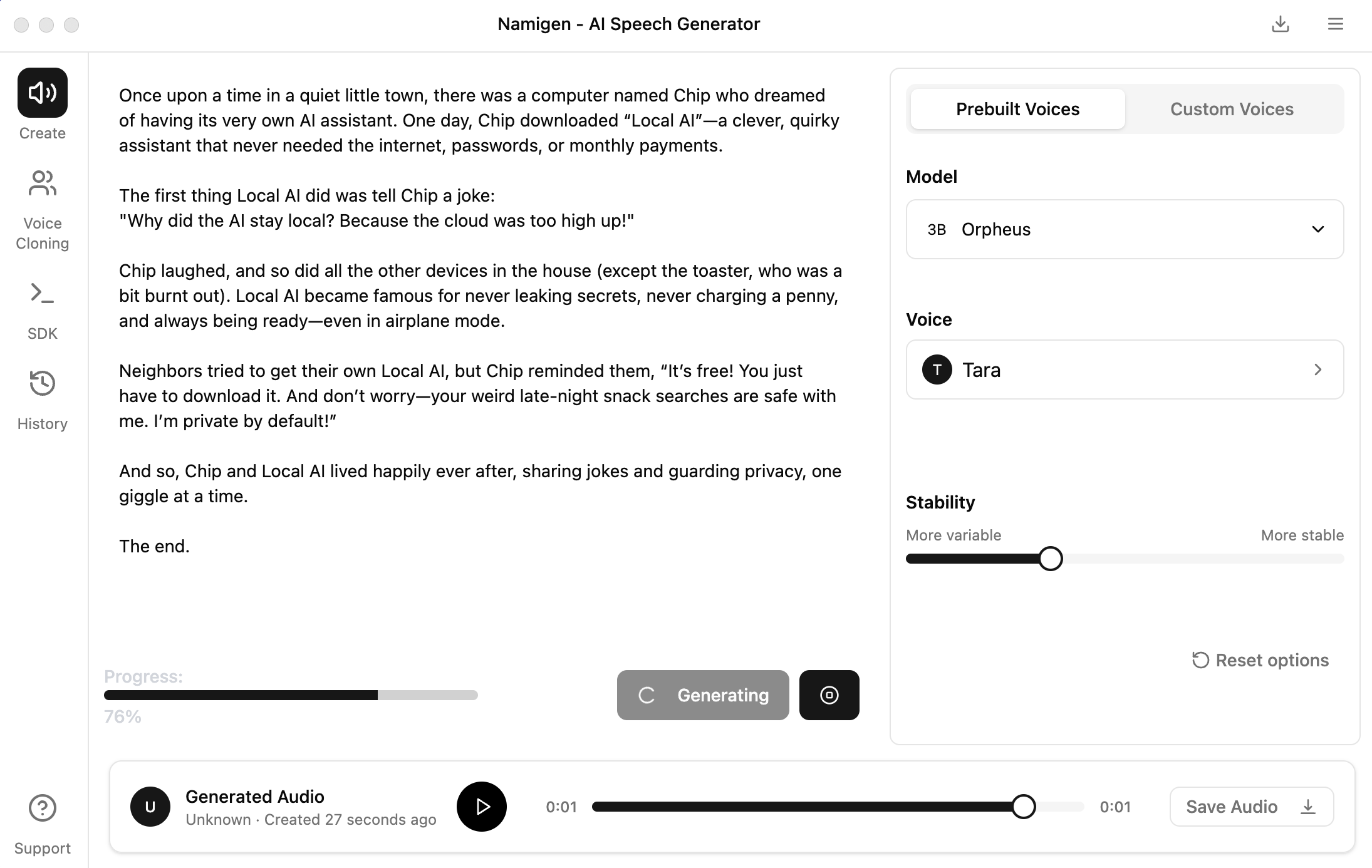 Namigen AI Voice Generation Interface